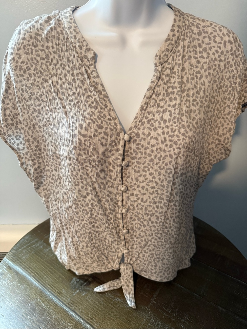 Women’s Beige Animal Print Button-Front Tie Hem Top